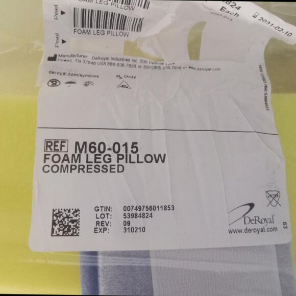 DeRoyal Foam Leg Compressed Pillow Adults Yellow Gray Straps M60-015 - Picture 6 of 6